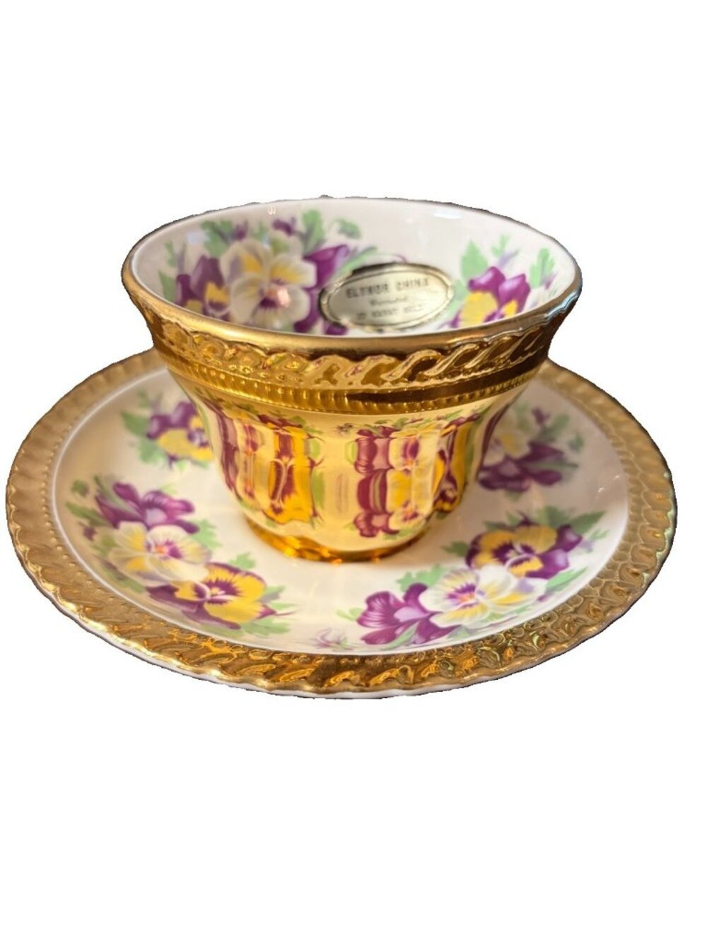 Vintage Elynor China Tea Cup & Saucer Set 22K Gold Purple & Yellow Floral Patter